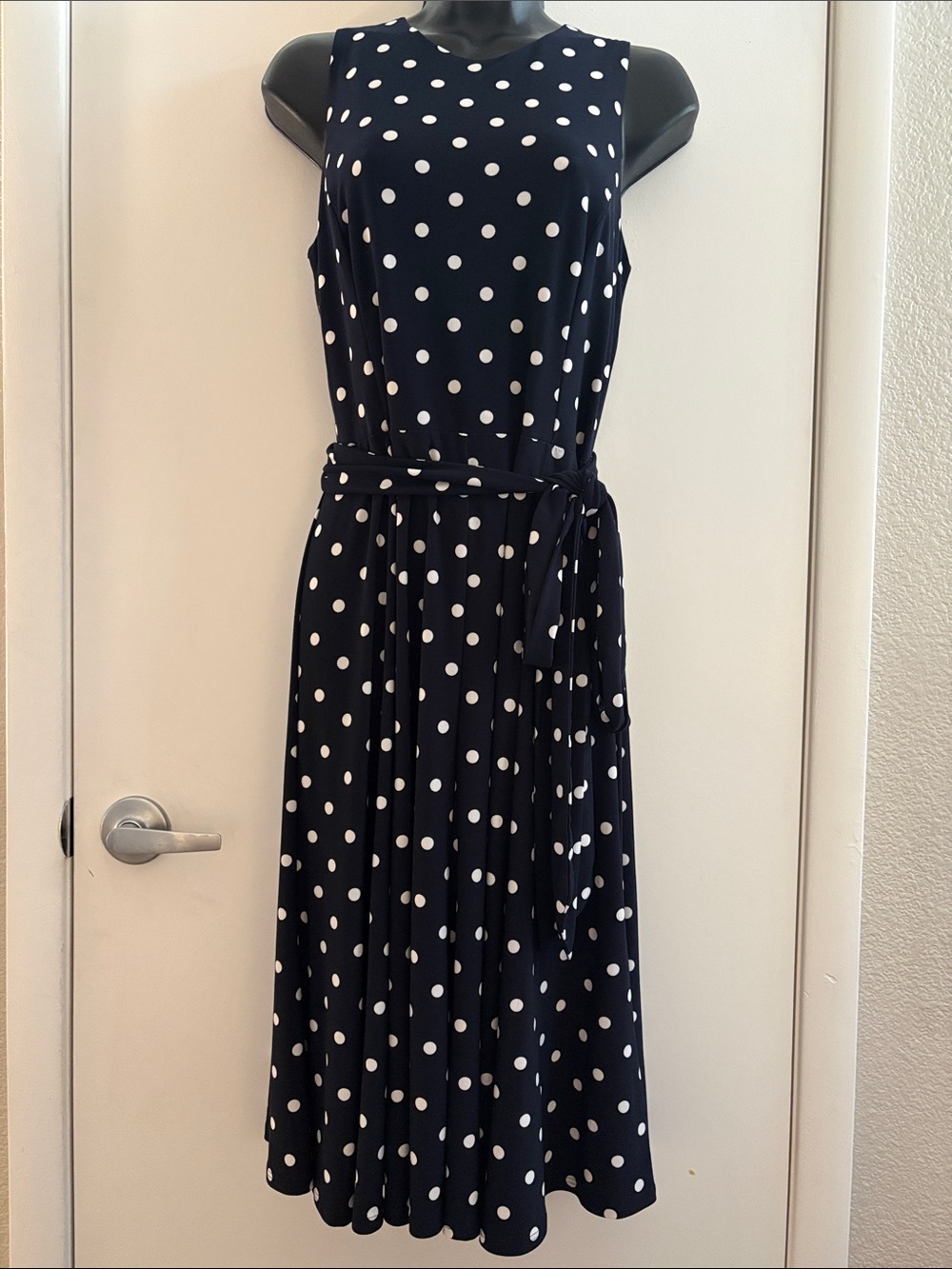 Lauren Ralph Lauren Navy and White Polka Dot Preppy Sleeveless Midi Dress SZ 6